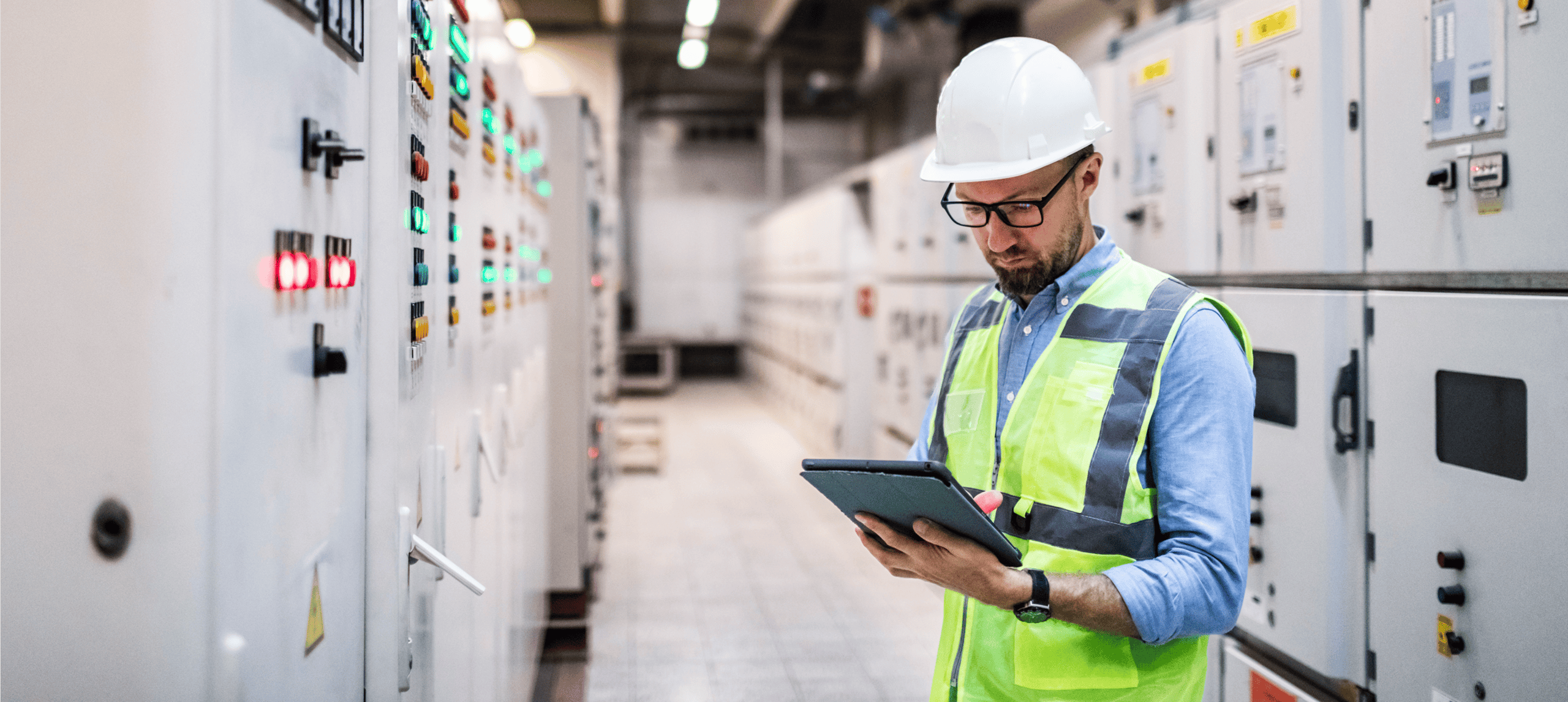 Engineer with tablet in electrical control room.