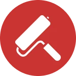 Paint roller icon on red circular background.