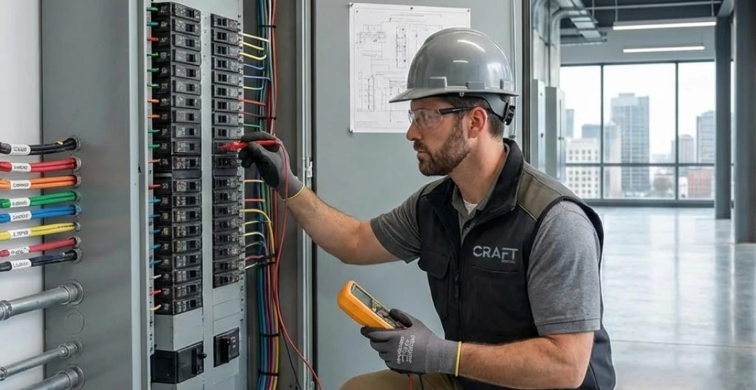Electrician working on a circuit breaker panel.