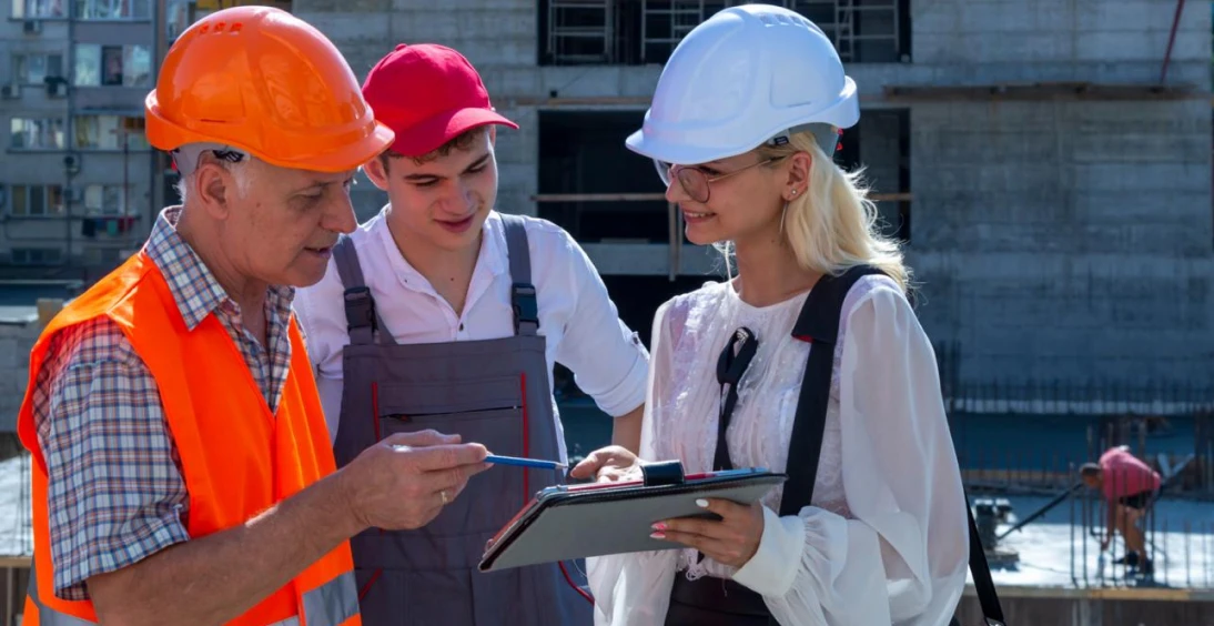 Construction team discussing project on-site.