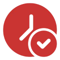 Red clock with a check mark icon.