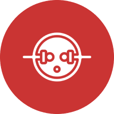 Barbell icon on red circular background.